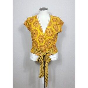 Anthropologie Maeve Blouse/Top Womens  Medium ~ Cap Sleeve, Wrap, Yellow, Boho